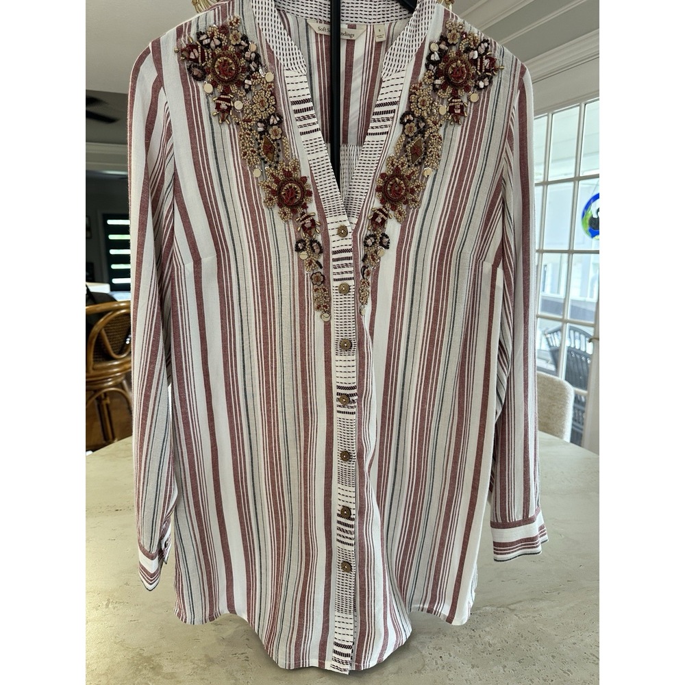 Soft Surroundings Beaded Tunic Top Women's Small Repose Berry Stripe Linen Blend